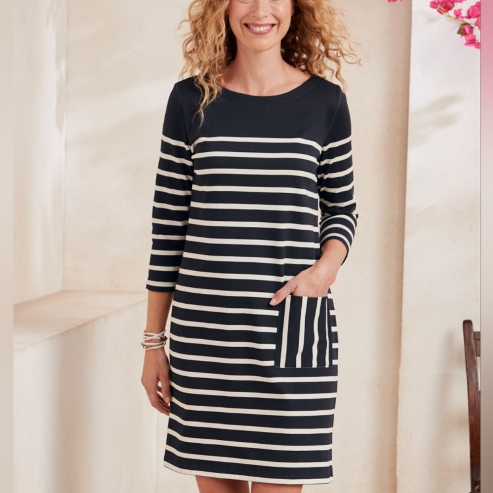 Garnet Hill Bijou Vintage Stripe Knit Button Down Back Cotton Dress Navy Cream